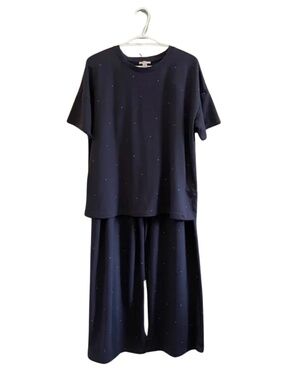 Reitmans Navy Wide Leg Pajama Set Purple Heart Print – Top XL Bottom XXL GUC